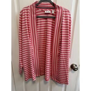 Denim Co 1X Open Cardigan Coral White Stripe Long Sleeve Stretch New